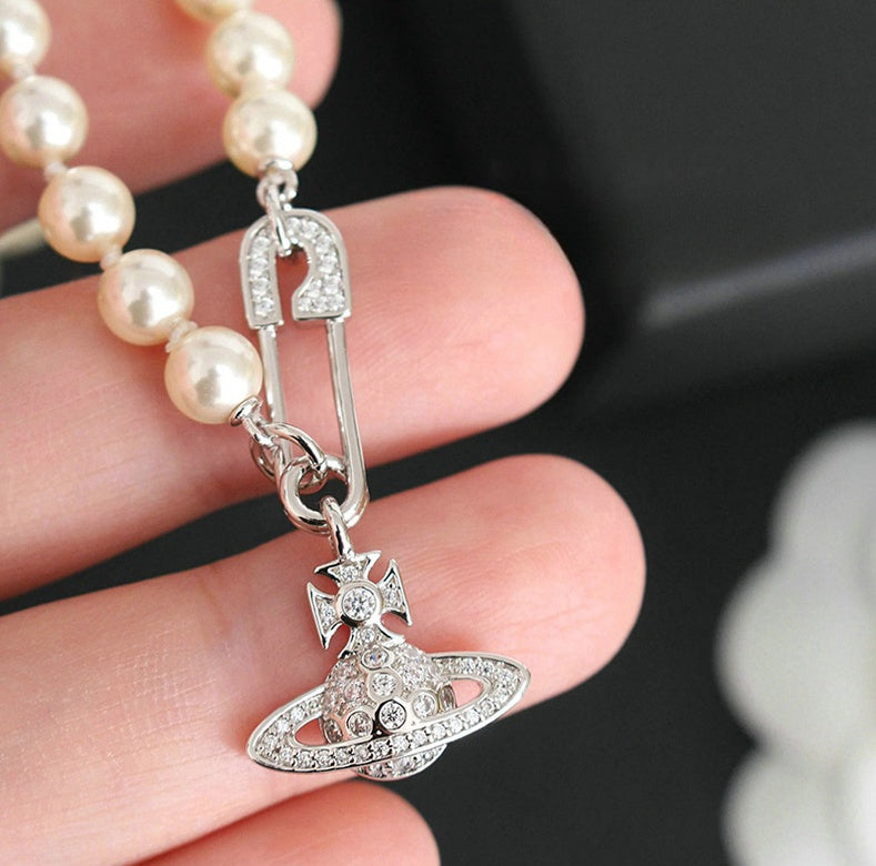 Vivienne Westwood-Inspired Saturn Brooch Rhinestone Necklace  