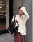 Loose Fit Ribbed U-Neck Drop Shoulder Long Sleeve Top
