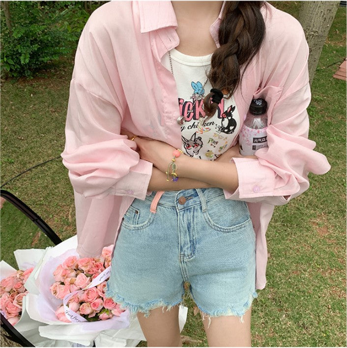 Retro Pink Woven Patch Wide-Legged Denim Shorts