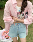 Retro Pink Woven Patch Wide-Legged Denim Shorts