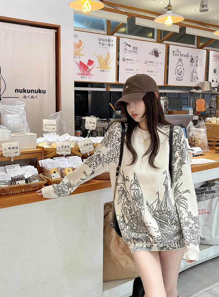 Lazy Style Printed Round Neck Knit Sweater