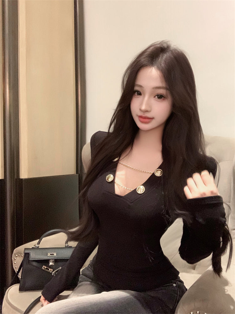 Sexy V-Neck Fitted Knit Top