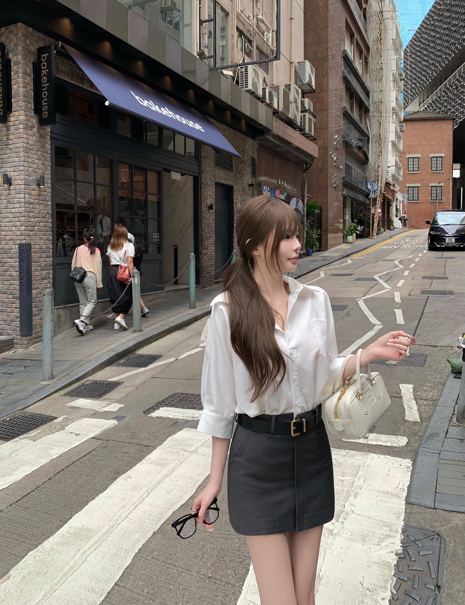 Elegant Layered-Style White Shirt and Gray Dress