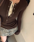 Two-in-One Contrast Long-Sleeve Versatile Layering Tee(BROWN)