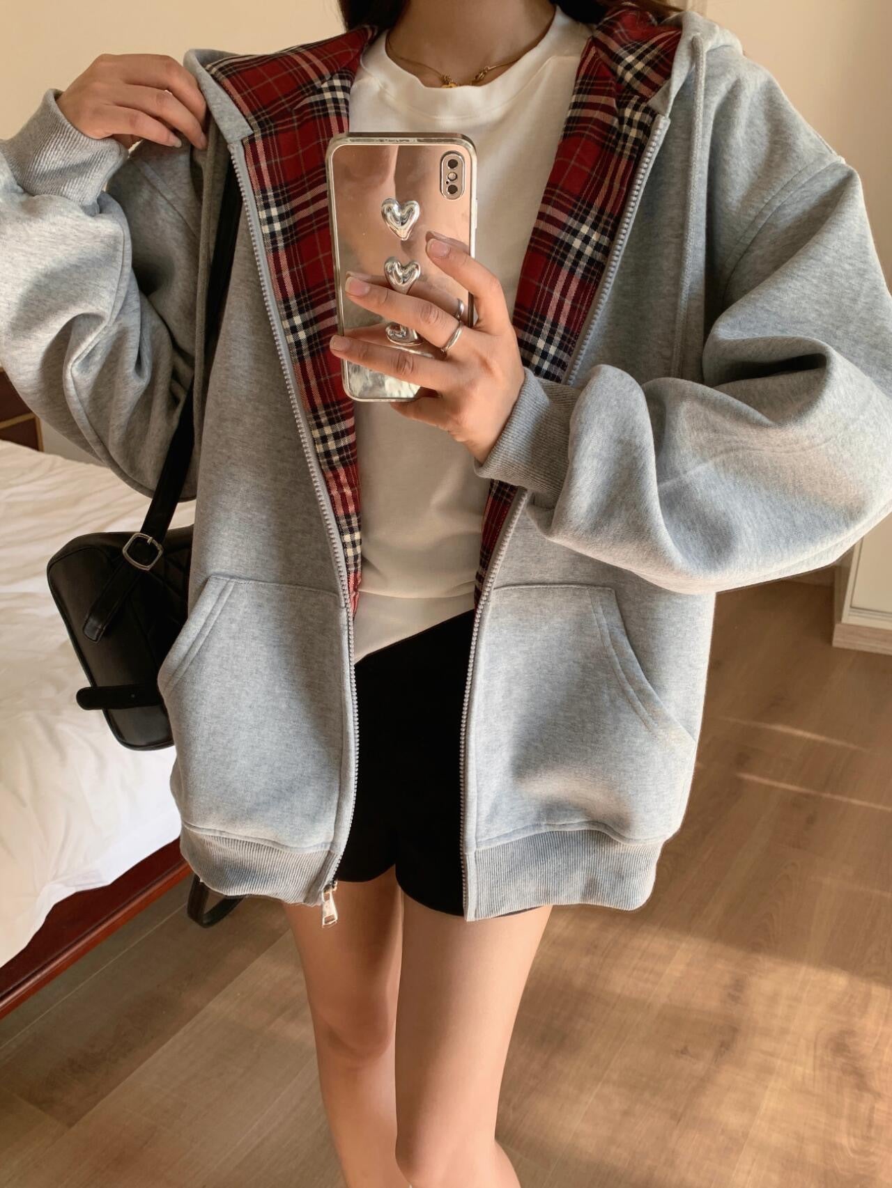American BM Style Grey Plaid Fleece Hoodie (450g)