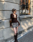Two-in-One Contrast Long-Sleeve Versatile Layering Tee(BROWN)