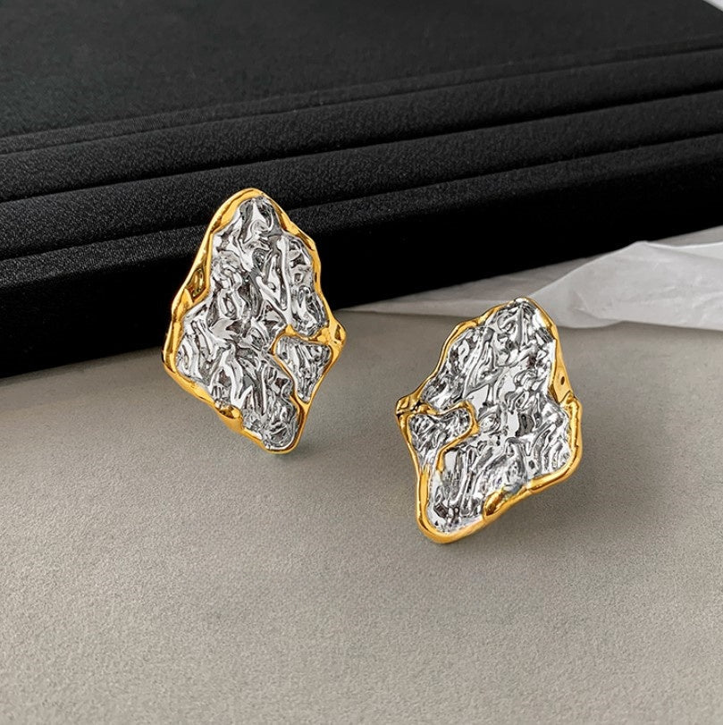 Vintage Ear Studs with Gold and Silver Lava Texture