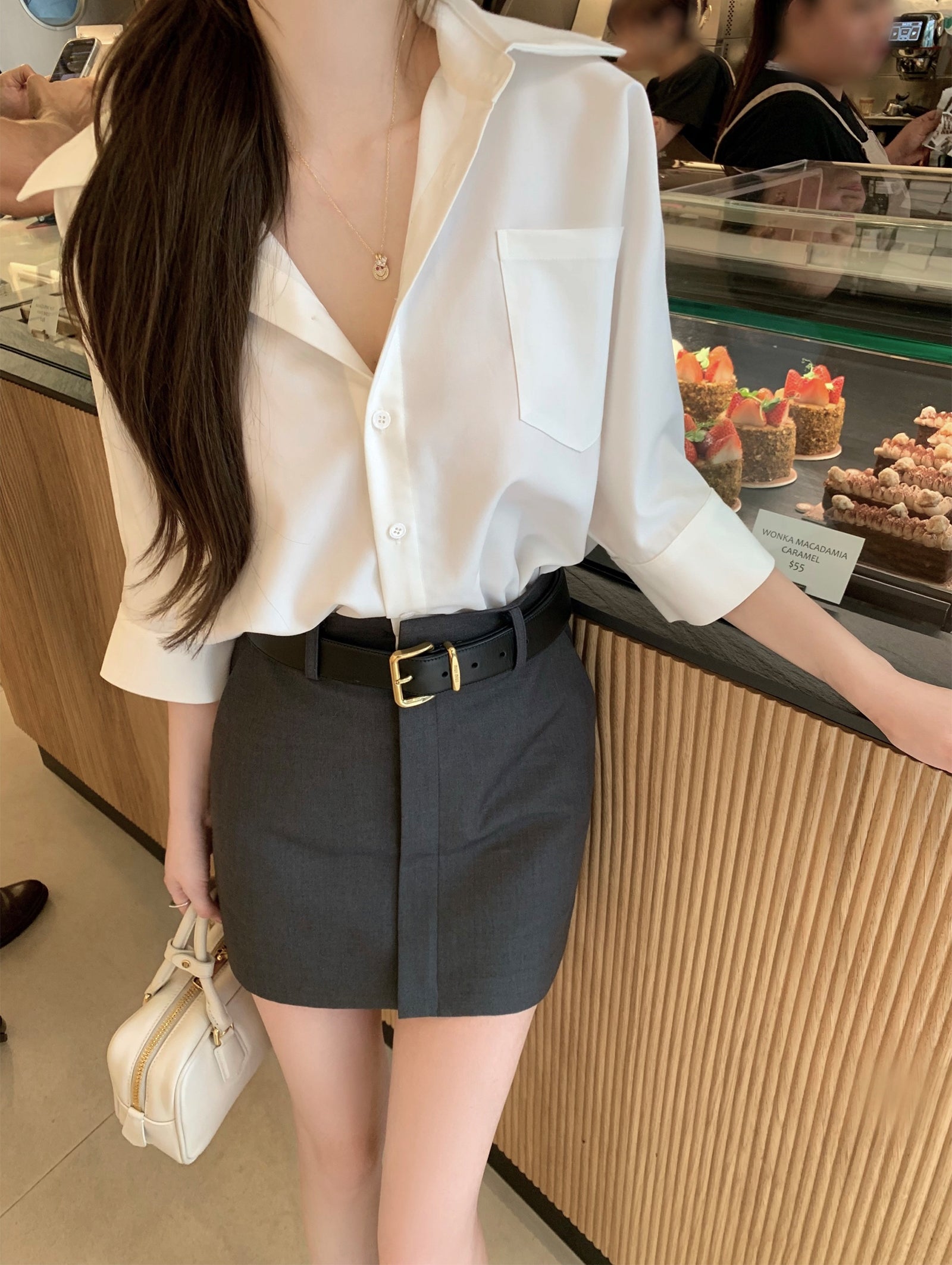 Elegant Layered-Style White Shirt and Gray Dress