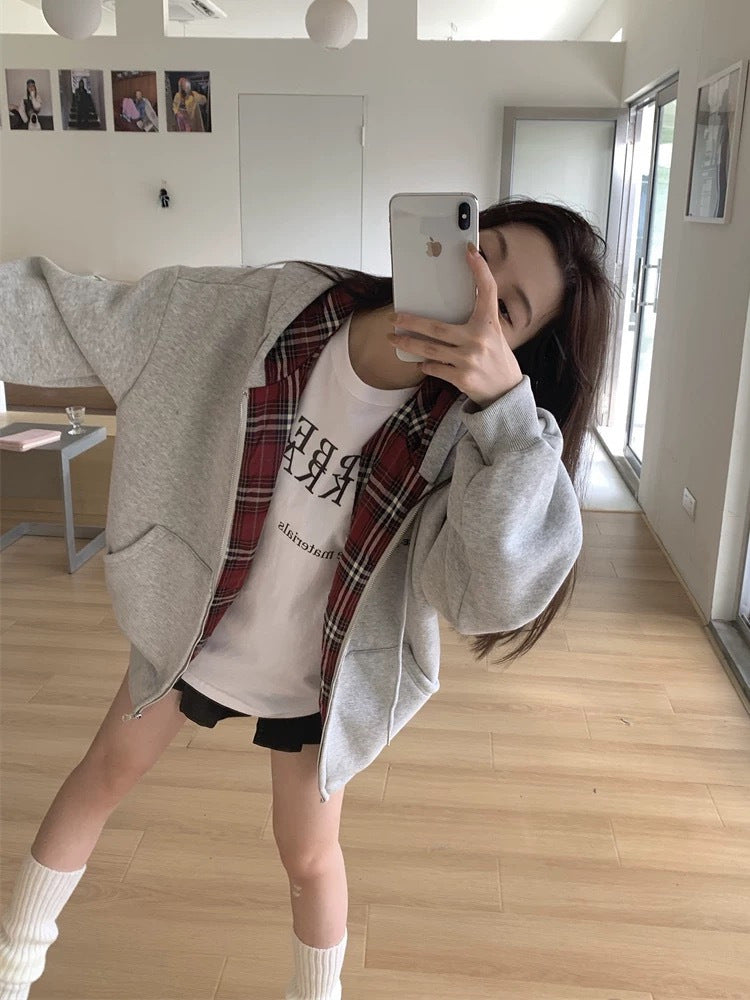American BM Style Grey Plaid Fleece Hoodie (450g)
