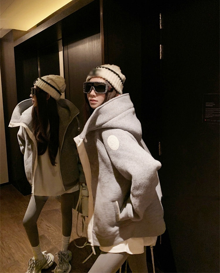 Heavy-Duty Grey Wool-Blend Hooded Bomber Jacket