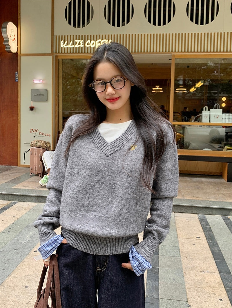 Grey Plaid Panel Knit Top – Faux Two-Piece Long Sleeve