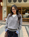 Grey Plaid Panel Knit Top – Faux Two-Piece Long Sleeve