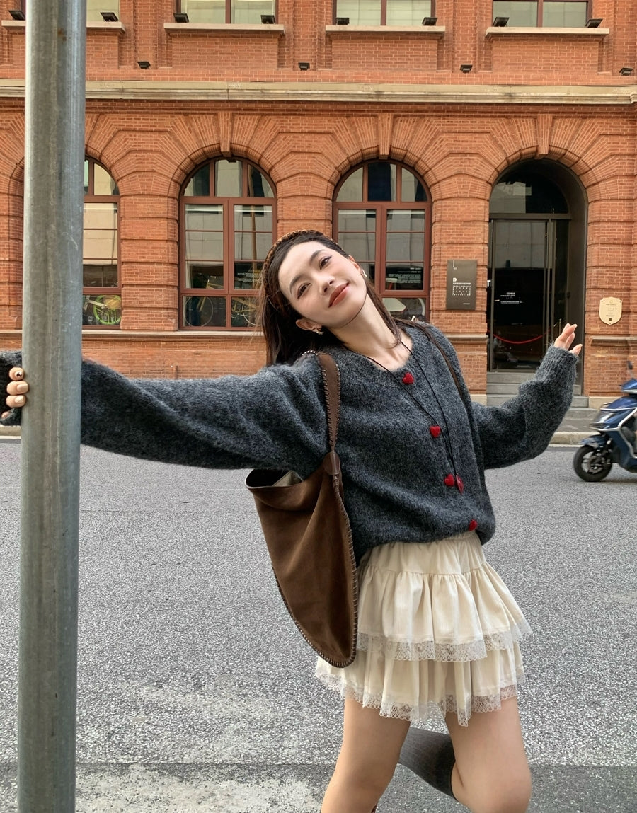 La Chapelle Heart-Button Knit Cardigan