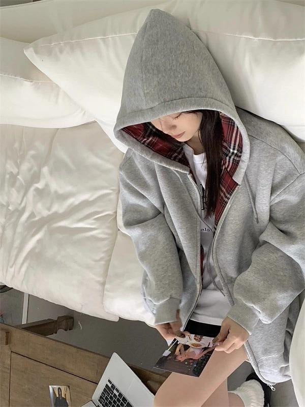 American BM Style Grey Plaid Fleece Hoodie (450g)