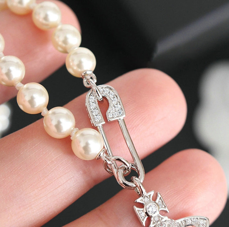 Vivienne Westwood-Inspired Saturn Brooch Rhinestone Necklace  
