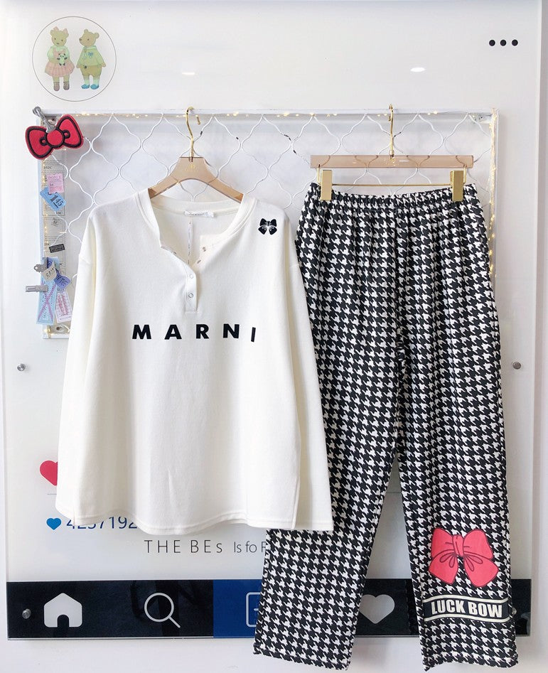 Simple Letter Bow Plaid Pajama Set