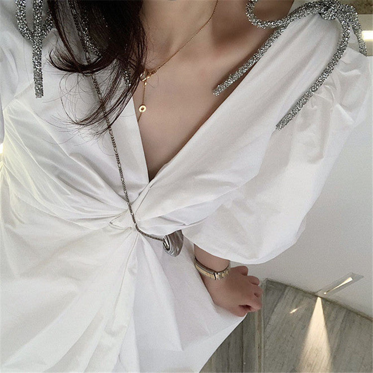 Detachable Bow Bubble Sleeve Dress