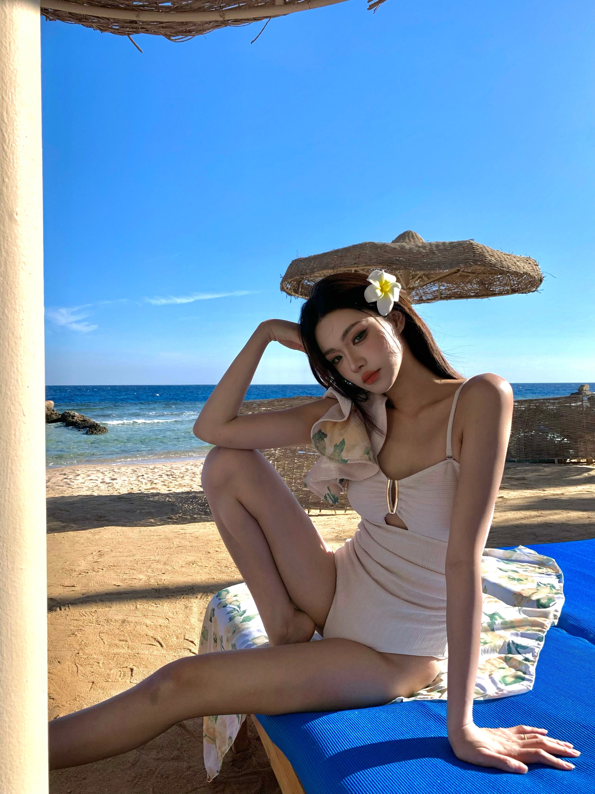 One-Shoulder Ruffled Swimsuit with Sheer Cover-Up