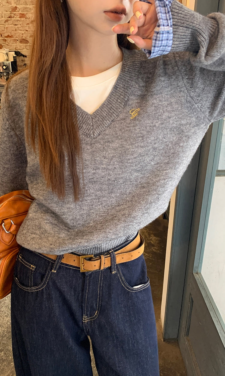 Grey Plaid Panel Knit Top – Faux Two-Piece Long Sleeve
