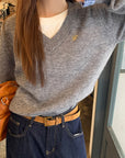 Grey Plaid Panel Knit Top – Faux Two-Piece Long Sleeve