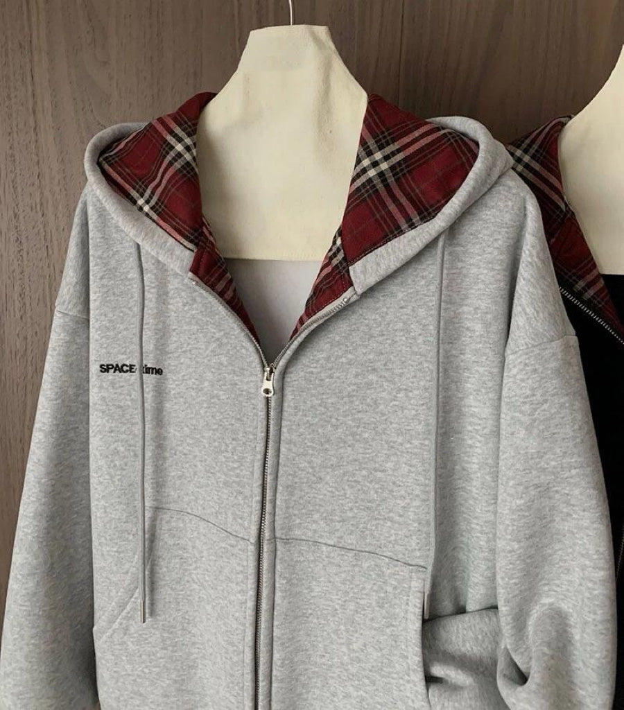 American BM Style Grey Plaid Fleece Hoodie (450g)