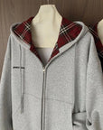 American BM Style Grey Plaid Fleece Hoodie (450g)