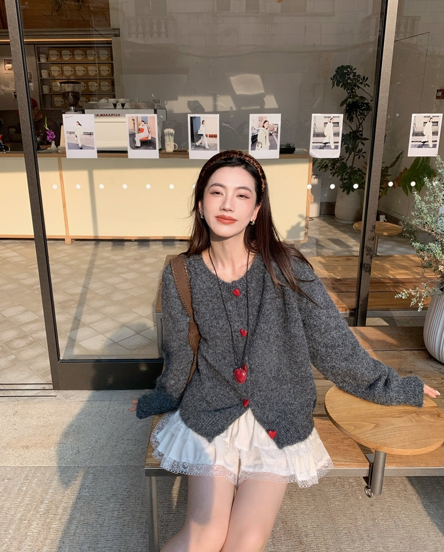 La Chapelle Heart-Button Knit Cardigan
