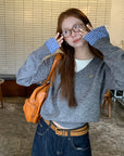 Grey Plaid Panel Knit Top – Faux Two-Piece Long Sleeve