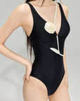 French Vintage One-Piece Swimsuit with 3D Rose Detail