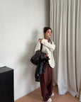 Loose Fit Ribbed U-Neck Drop Shoulder Long Sleeve Top