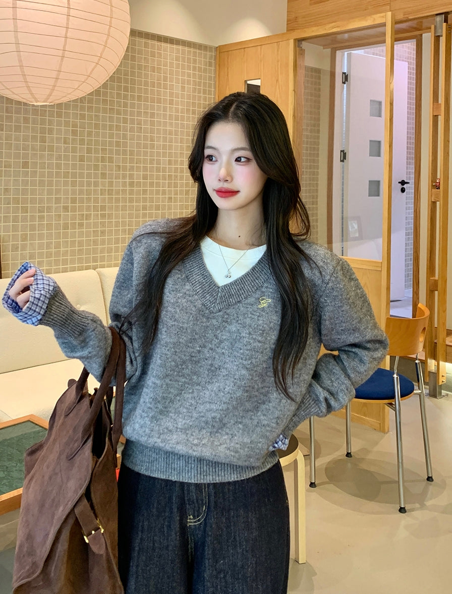 Grey Plaid Panel Knit Top – Faux Two-Piece Long Sleeve