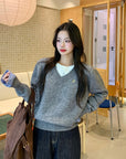 Grey Plaid Panel Knit Top – Faux Two-Piece Long Sleeve