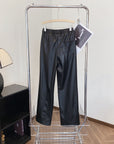 Elastic Waist Wide-leg Fleece-lined Leather Pants