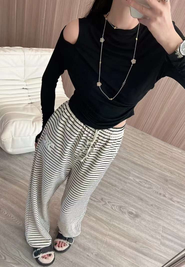 Striped Fleece-Lined Wide-Leg Pants