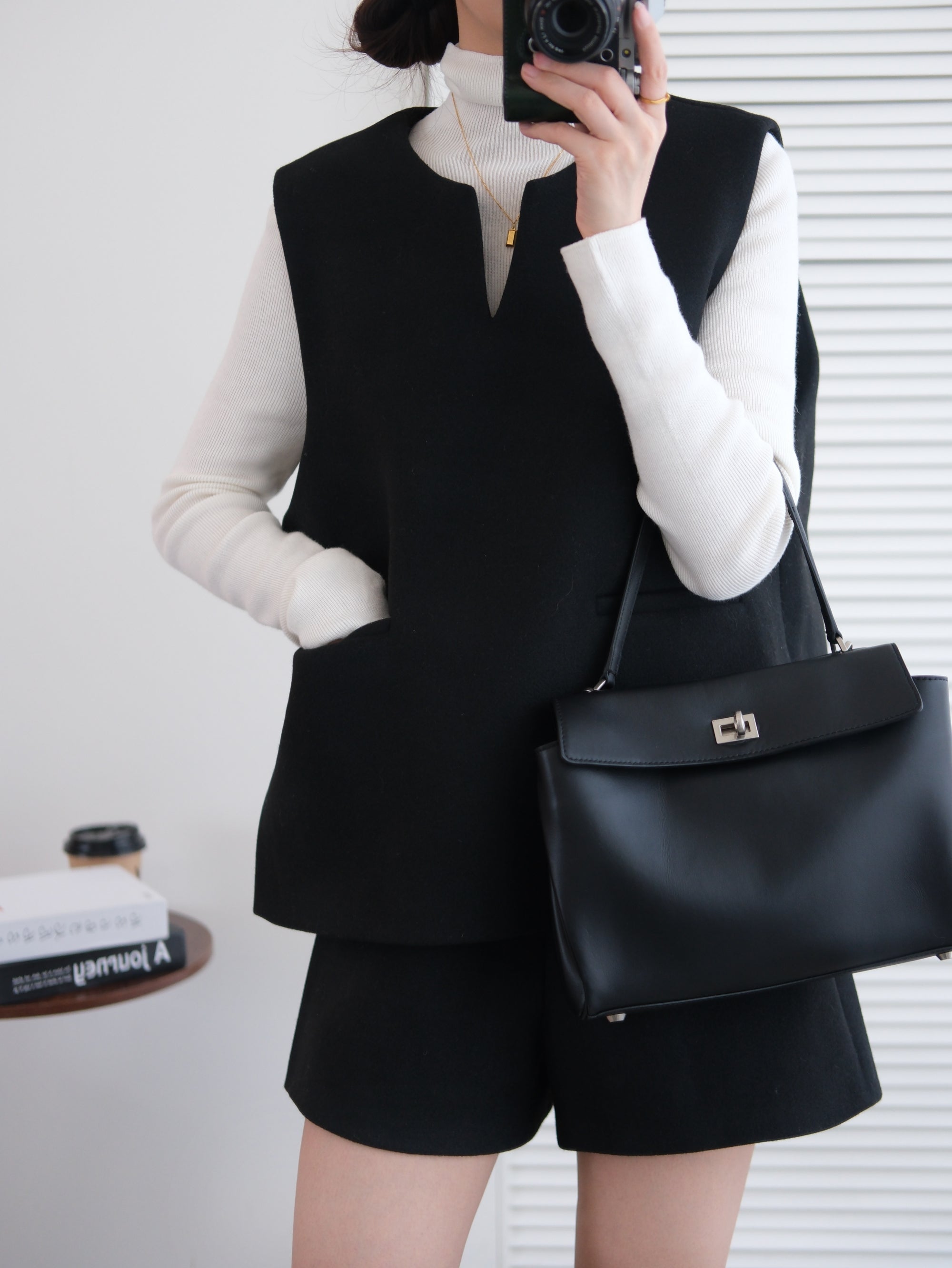 Tailored Wool Vest and A-Line Wide-Leg Shorts Set