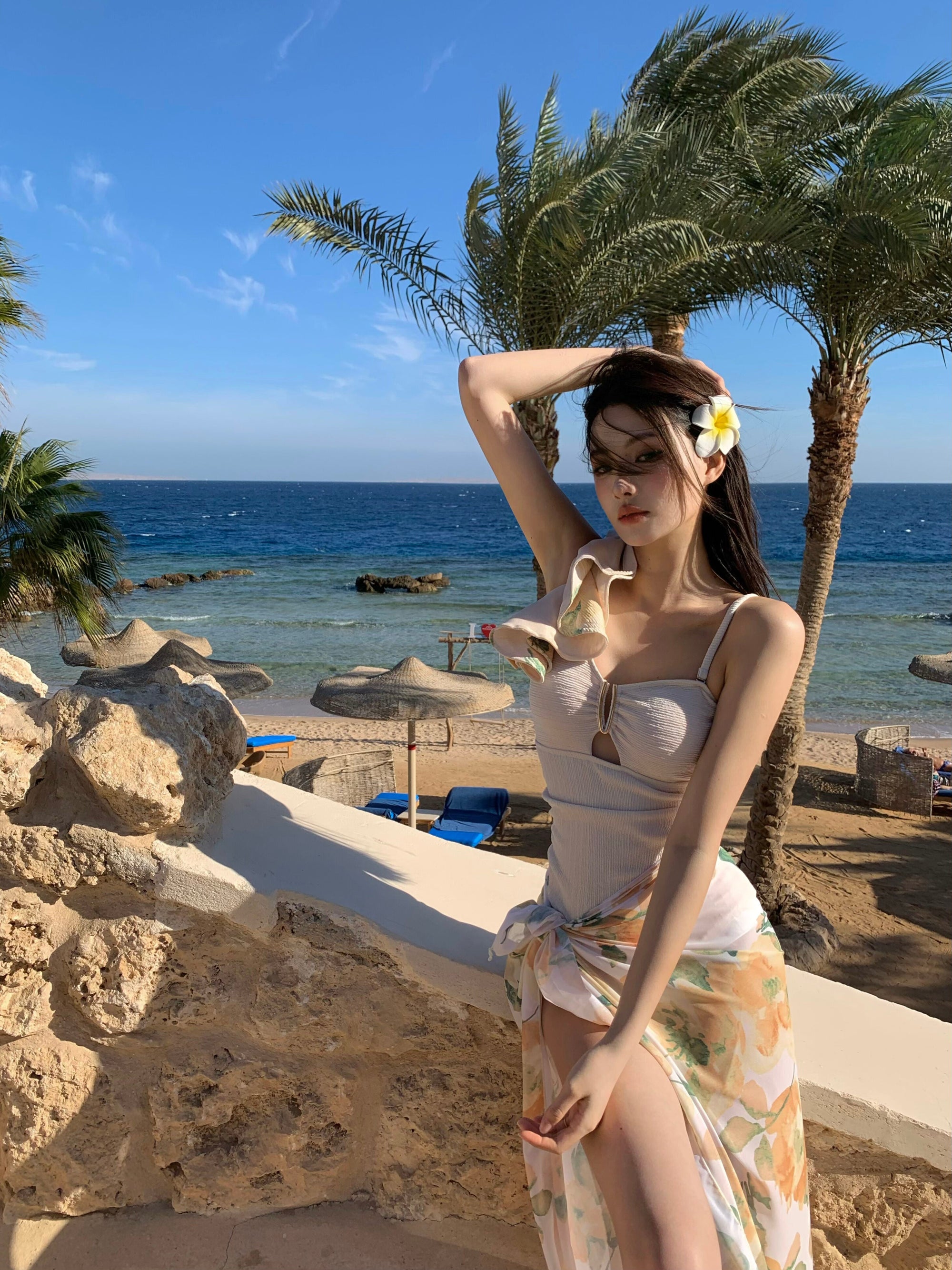 One-Shoulder Ruffled Swimsuit with Sheer Cover-Up