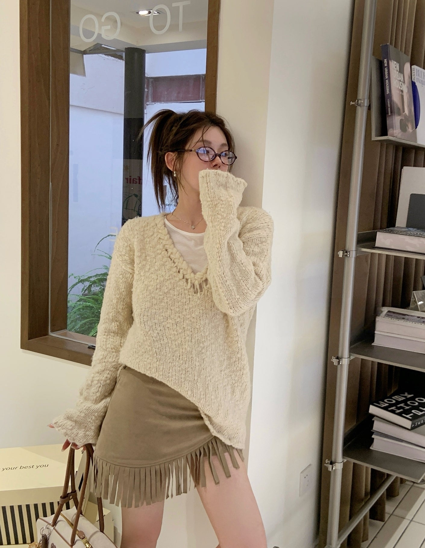 Vintage V-Neck Wool Knitted Hollow-Out Sweater