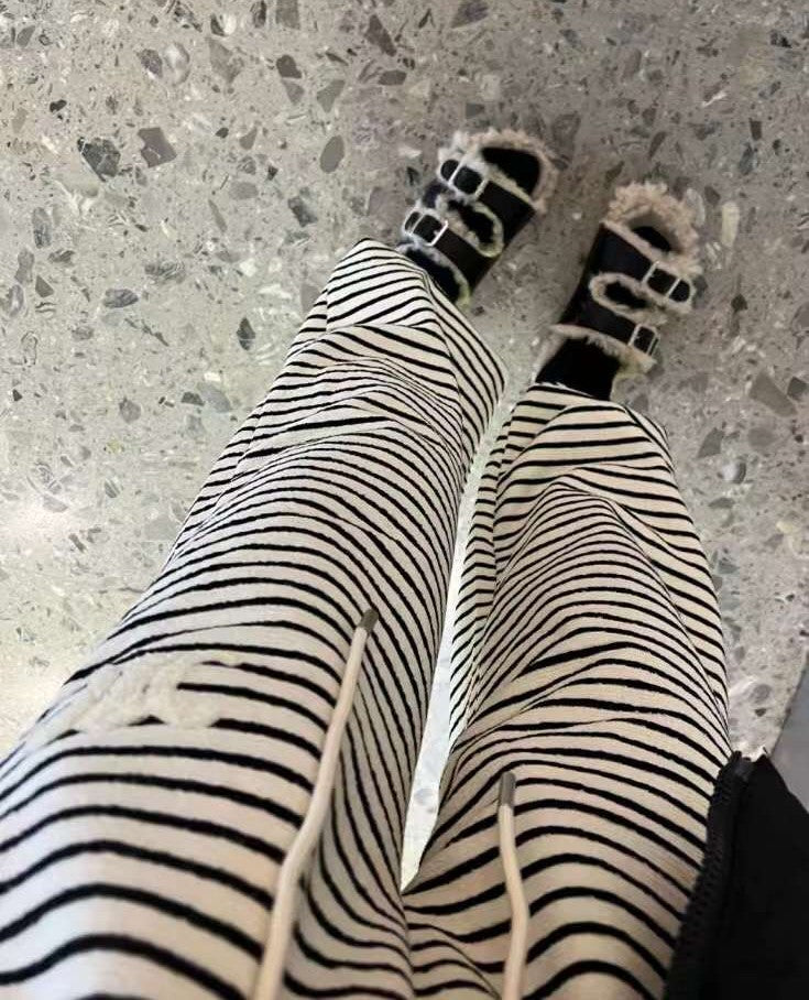 Striped Fleece-Lined Wide-Leg Pants