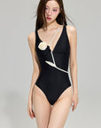 French Vintage One-Piece Swimsuit with 3D Rose Detail