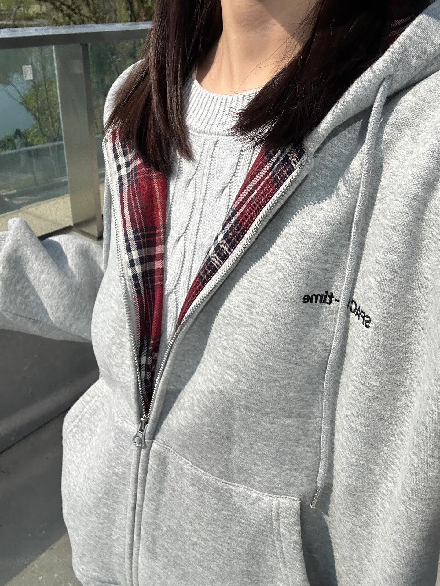 American BM Style Grey Plaid Fleece Hoodie (450g)