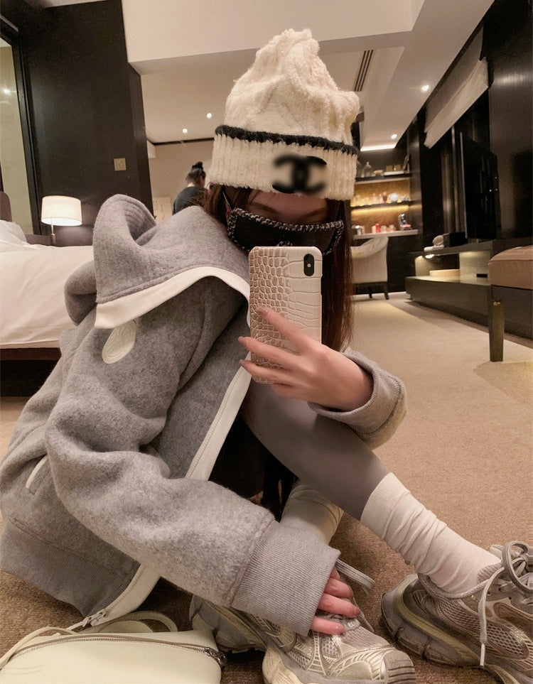 Heavy-Duty Grey Wool-Blend Hooded Bomber Jacket