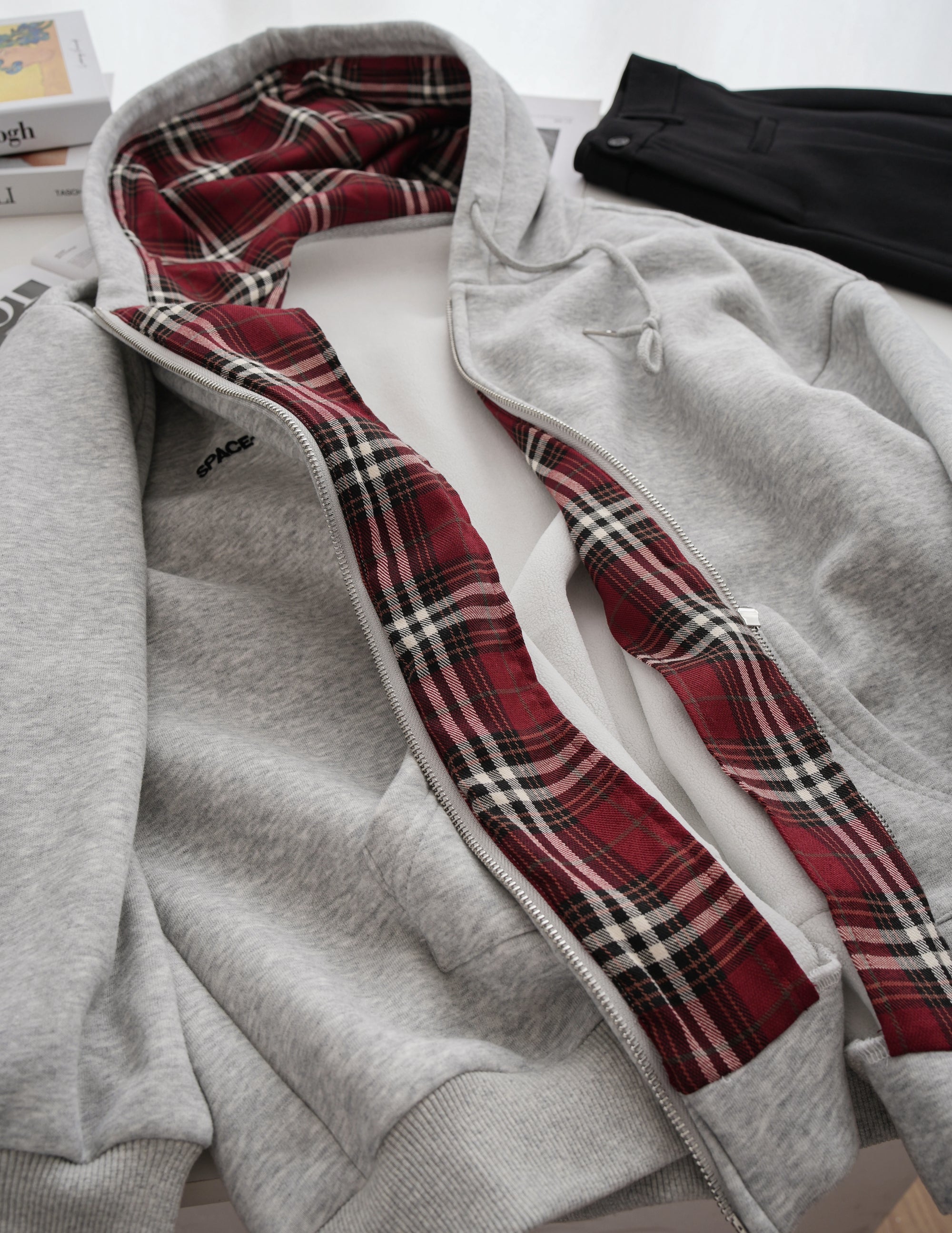 American BM Style Grey Plaid Fleece Hoodie (450g)