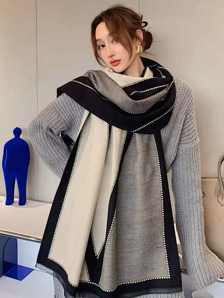 Double-sided Cashmere Geometric Pattern Oversized Scarf