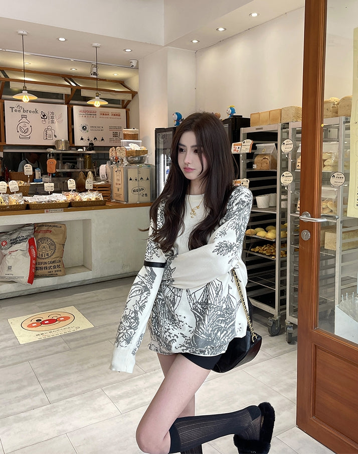 Lazy Style Printed Round Neck Knit Sweater