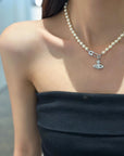 Vivienne Westwood-Inspired Saturn Brooch Rhinestone Necklace 