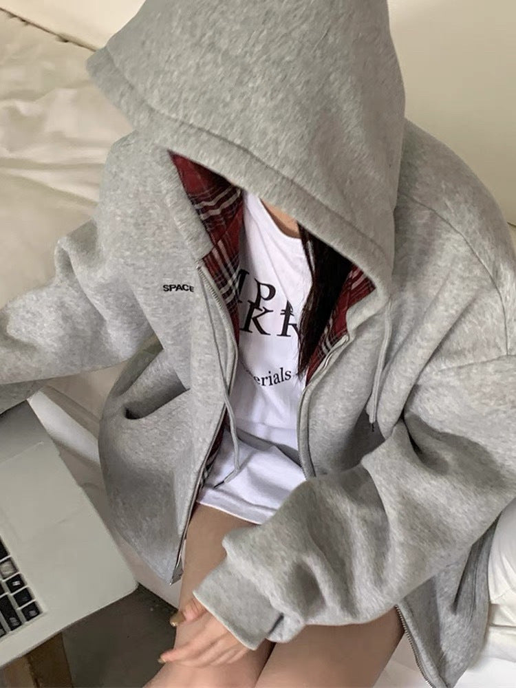 American BM Style Grey Plaid Fleece Hoodie (450g)
