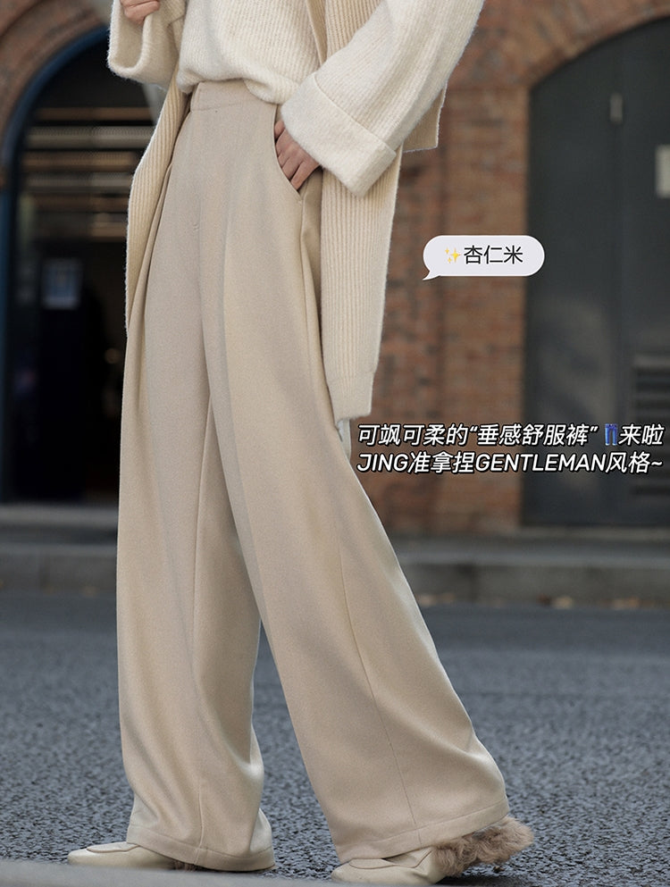 High-waisted Thickened Wool Blend Wide-leg Pants with Drape