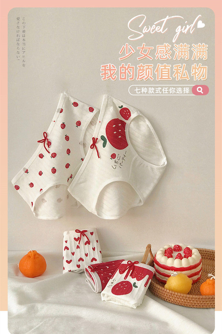 3 Pieces of Cotton Antibacterial Breathable Low Waist Strawberry Underwear