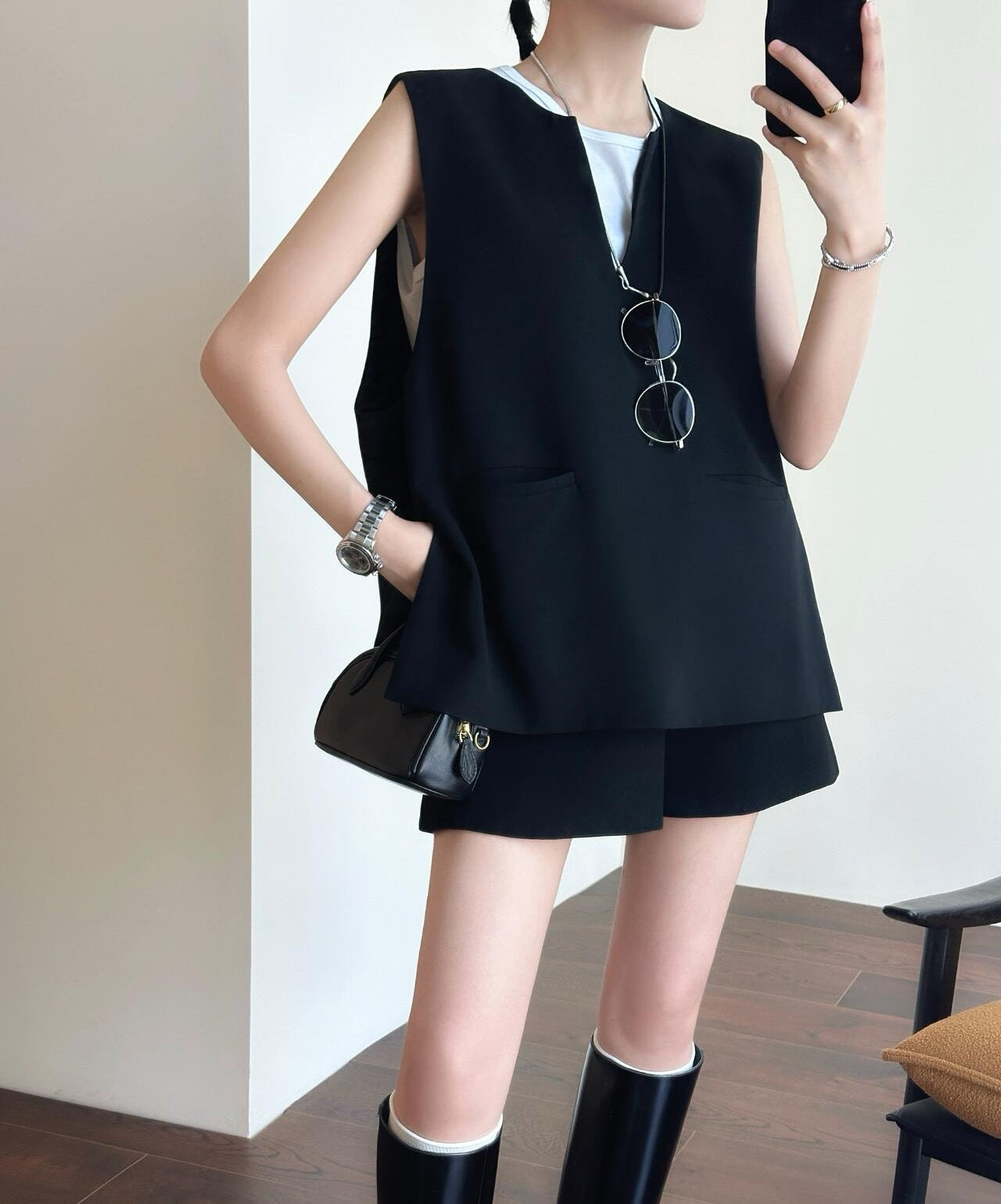 Tailored Wool Vest and A-Line Wide-Leg Shorts Set