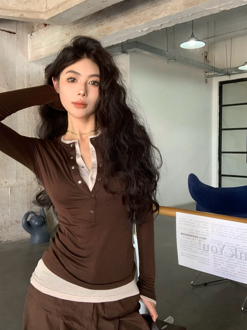 Two-in-One Contrast Long-Sleeve Versatile Layering Tee(BROWN)